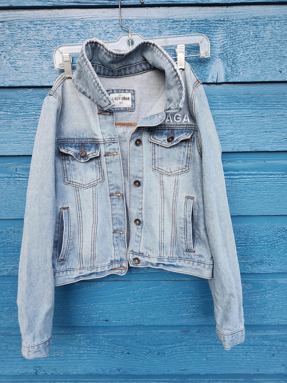 Lady Gaga Light Blue Denim Jean Jacket - GAGA Embroidered - Picture 3 of 8